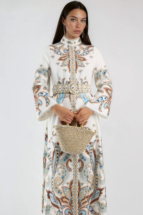 Paisley Print Maxi Jurk met Mandarin Collar - Image 2