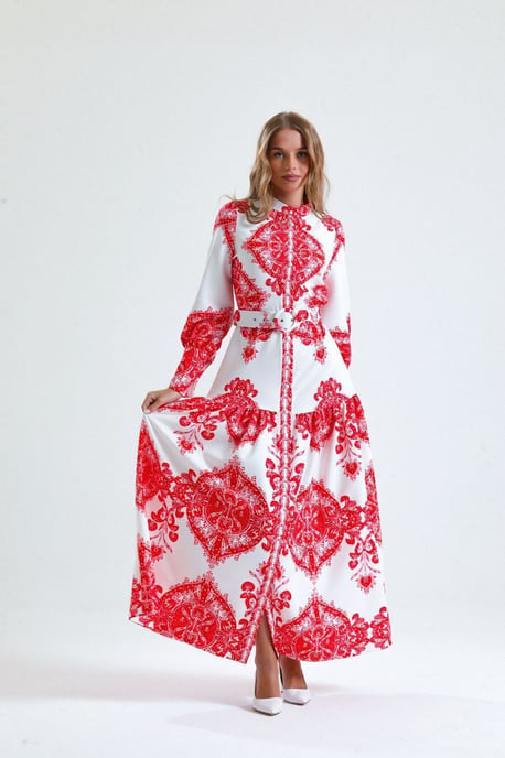 Paisley-print maxi-jurk met strikceintuur en kraag - Image 3