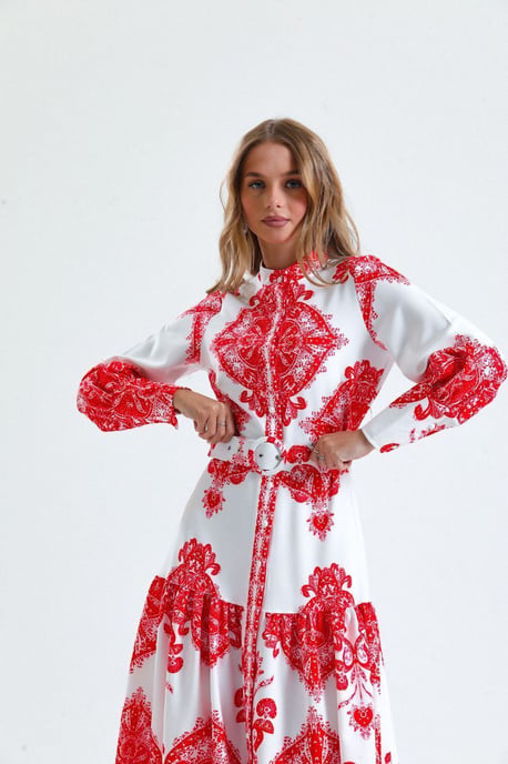Paisley-print maxi-jurk met strikceintuur en kraag - Image 4