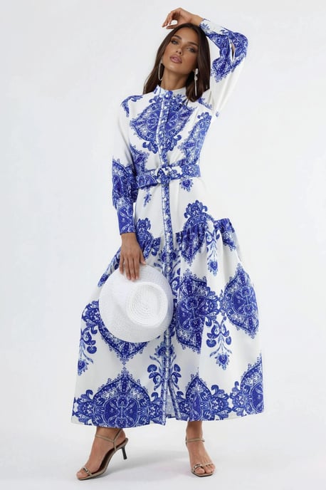 Paisleyprint A-lijn Maxi-jurk met Hemdkragen en Ceintuur - Image 3