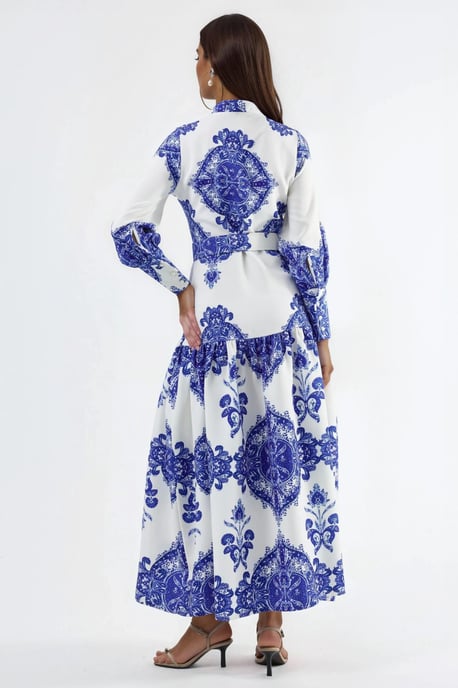 Paisleyprint A-lijn Maxi-jurk met Hemdkragen en Ceintuur - Image 4