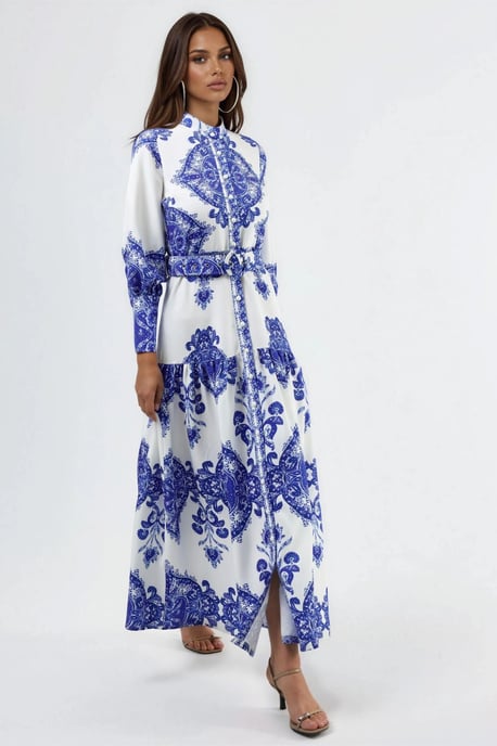 Paisleyprint A-lijn Maxi-jurk met Hemdkragen en Ceintuur - Image 5