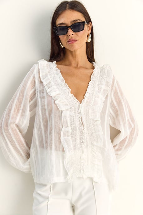 Rimpelige V-hals Gestreepte Blouse - Image 1