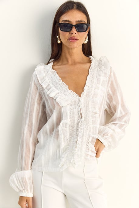 Rimpelige V-hals Gestreepte Blouse - Image 2