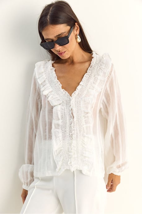 Rimpelige V-hals Gestreepte Blouse - Image 4