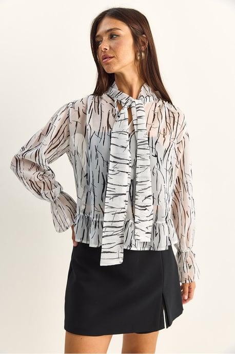 Abstrakt tryck Choker Krage Chiffong Blus med Knutdetalj - Image 2