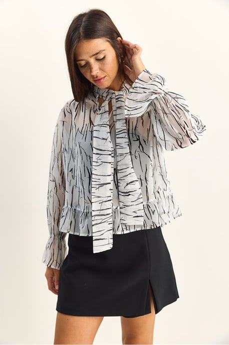 Abstrakt tryck Choker Krage Chiffong Blus med Knutdetalj - Image 4