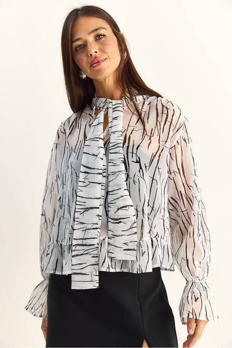 Abstrakt tryck Choker Krage Chiffong Blus med Knutdetalj - Image 5