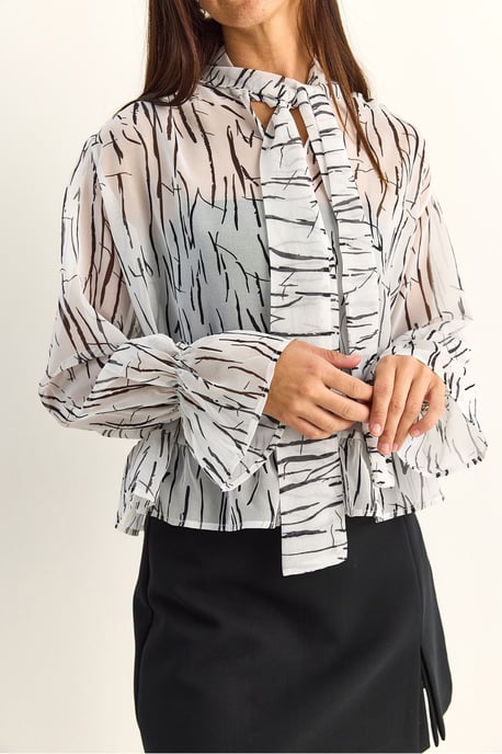Abstrakt tryck Choker Krage Chiffong Blus med Knutdetalj - Image 6