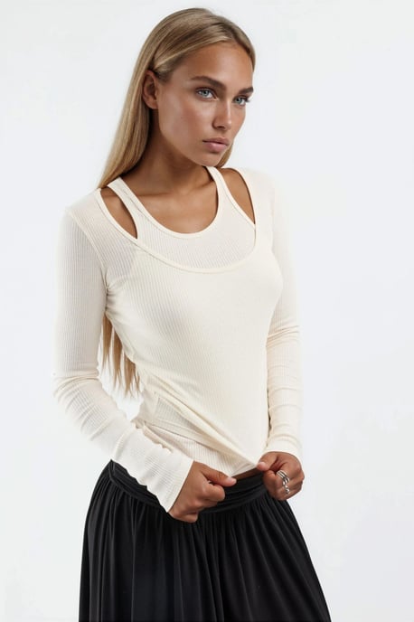 Ribbed U Collar Long Sleeve Blouse - Image 1