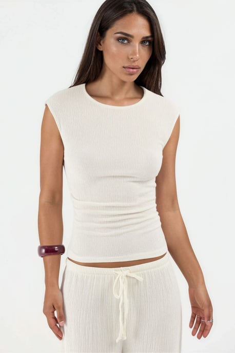 Ribbad ärmlös blus med rund hals - Image 6