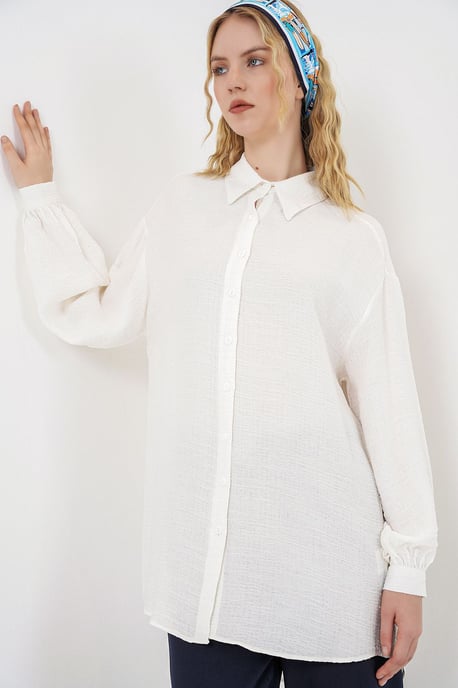 Oversized Textuur Lange Blouse met Shirtkraag - Image 3