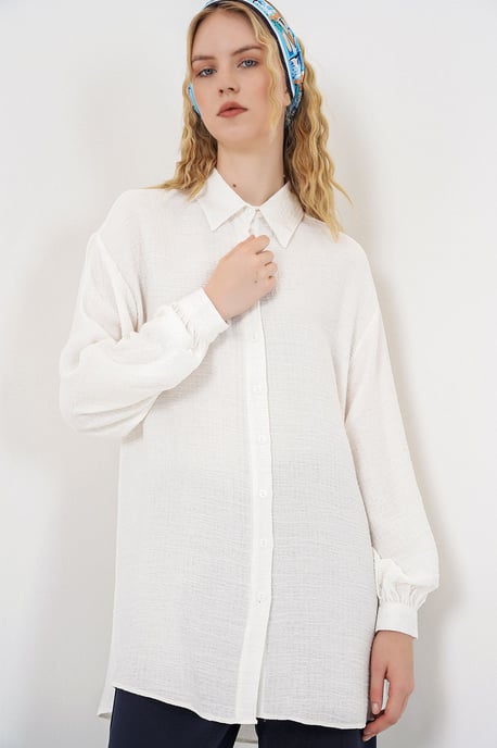 Oversized Textuur Lange Blouse met Shirtkraag - Image 4