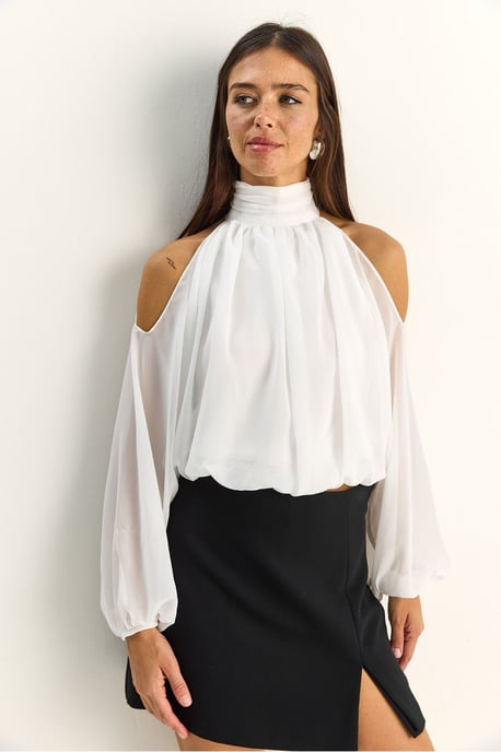 Half Turtleneck Crop Blouse with Cut Out - Image 2