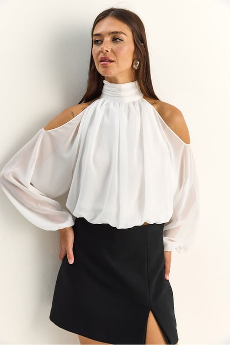 Half Turtleneck Crop Blouse with Cut Out - Image 3