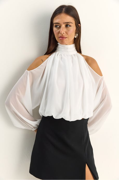 Half Turtleneck Crop Blouse with Cut Out - Image 4