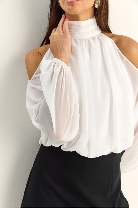 Half Turtleneck Crop Blouse with Cut Out - Image 5
