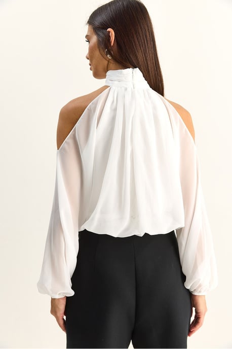 Half Turtleneck Crop Blouse with Cut Out - Image 6