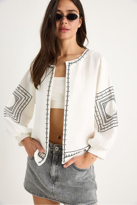 Embroidered Crew Neck Casual Jacket - Image 5