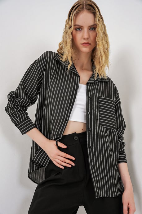 Oversized Striped Long Sleeve Shirt with Pocket - Image 1