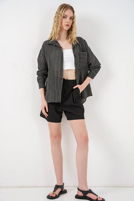 Oversized Striped Long Sleeve Shirt with Pocket - Image 2