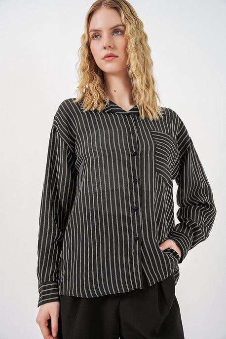 Oversized Striped Long Sleeve Shirt with Pocket - Image 3