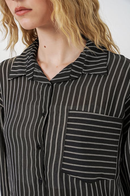 Oversized Striped Long Sleeve Shirt with Pocket - Image 4