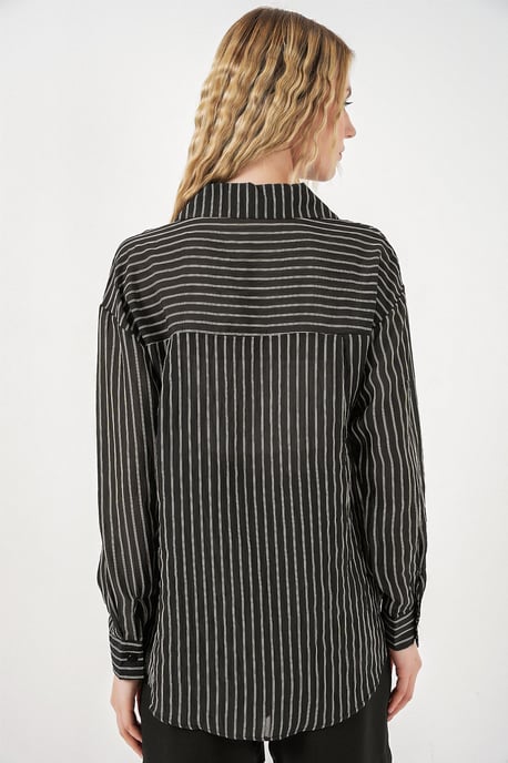 Oversized Striped Long Sleeve Shirt with Pocket - Image 5