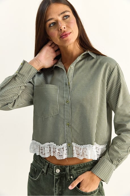 Striped Crop Shirt with Button Closure - Image 1