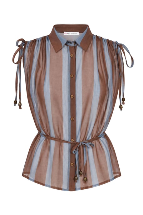 Gestreepte Mouwloze Blouse met Knoopsluiting en Strikdetail - Image 1