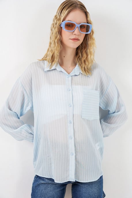 Oversized Striped Long Sleeve Shirt with Pocket - Image 3