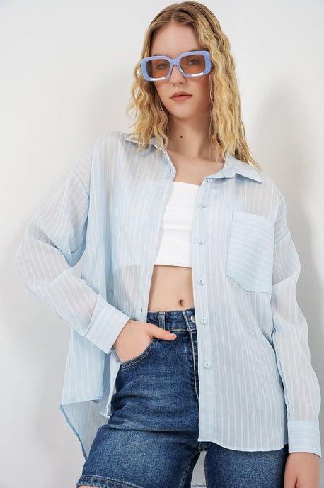 Oversized Striped Long Sleeve Shirt with Pocket - Image 4