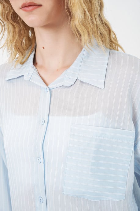 Oversized Striped Long Sleeve Shirt with Pocket - Image 5