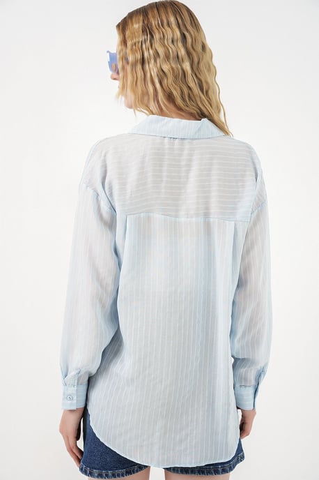 Oversized Striped Long Sleeve Shirt with Pocket - Image 6
