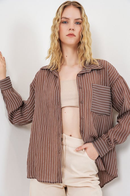 Oversized Striped Long Sleeve Shirt with Pocket - Image 1