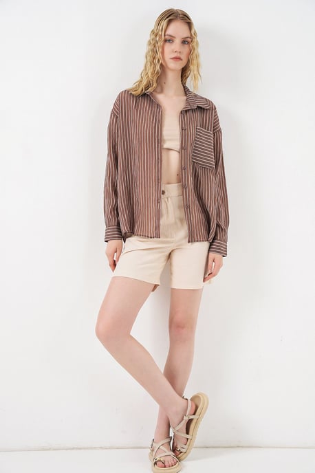 Oversized Striped Long Sleeve Shirt with Pocket - Image 2