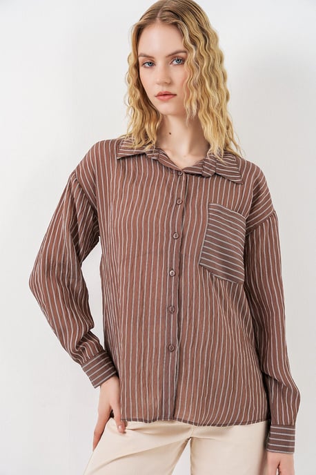 Oversized Striped Long Sleeve Shirt with Pocket - Image 3