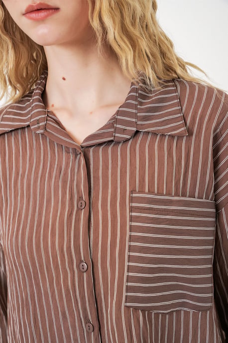 Oversized Striped Long Sleeve Shirt with Pocket - Image 4