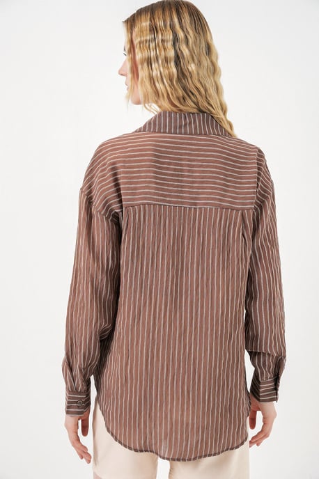 Oversized Striped Long Sleeve Shirt with Pocket - Image 5