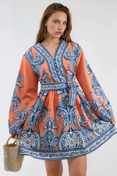 V-hals Paisley A-lijn Mini Jurk met Knopen - Image 1