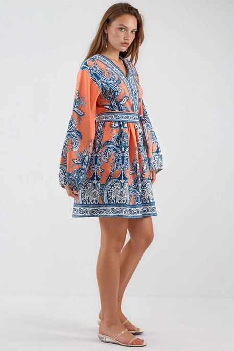 V-hals Paisley A-lijn Mini Jurk met Knopen - Image 2