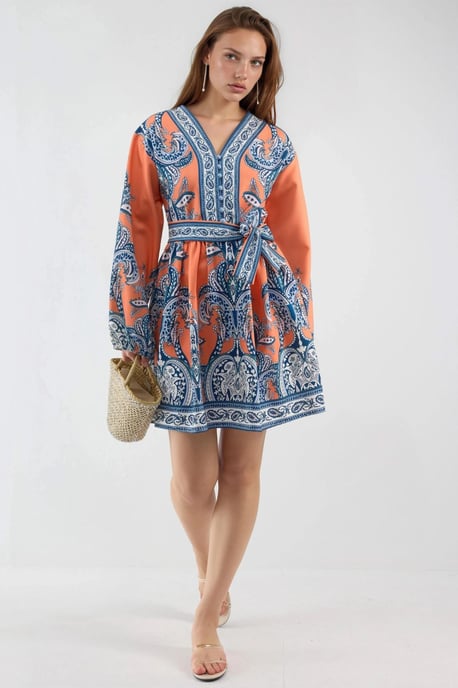 V-hals Paisley A-lijn Mini Jurk met Knopen - Image 3