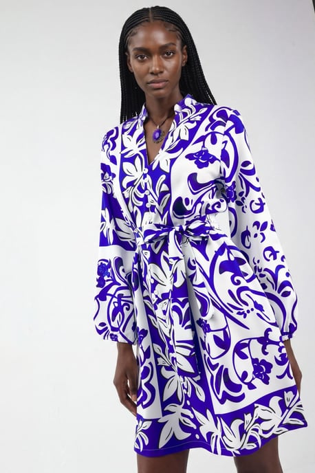 Bloemrijke V-hals Mini Hemdress met Ceintuur - Image 2