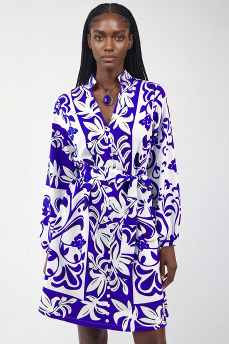 Bloemrijke V-hals Mini Hemdress met Ceintuur - Image 4