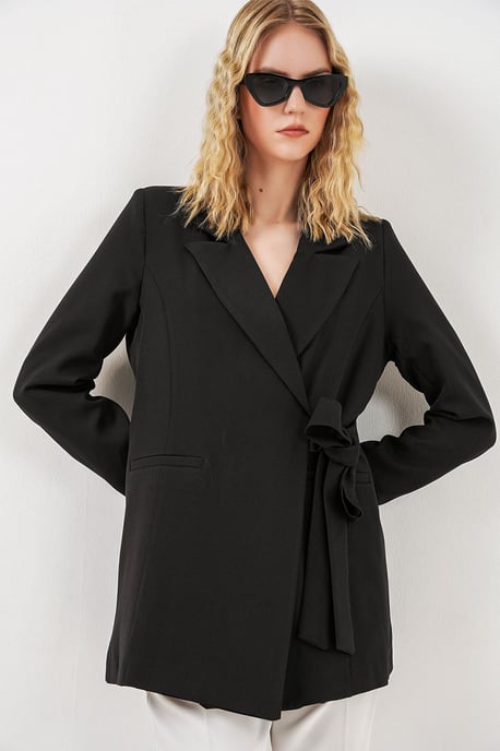 Long Tie Closure Shawl Collar Blazer - Image 1