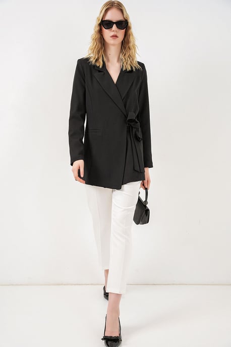 Long Tie Closure Shawl Collar Blazer - Image 2