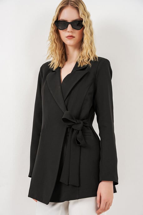 Long Tie Closure Shawl Collar Blazer - Image 3
