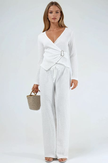 Textured Wide Leg Trousers with Drawstring Waist - Image 4