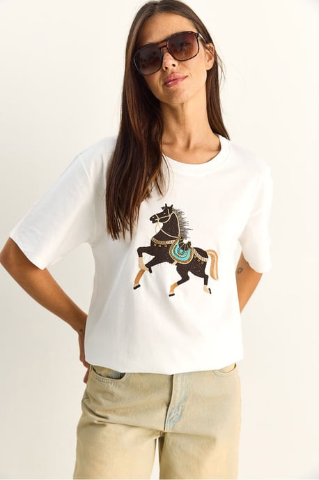 Större broderad paljett t-shirt med rund hals kunder - Image 1