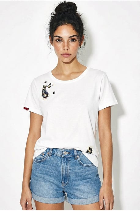 Broderad U-hals T-shirt Basic - Image 3